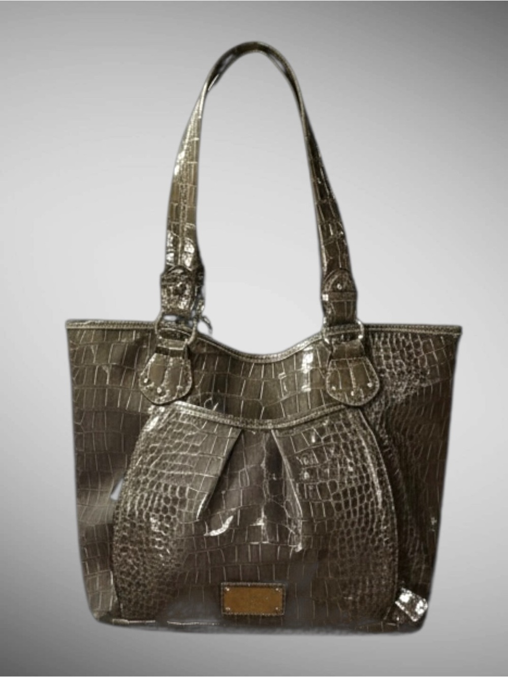 Nine West Croc Embossed Patent Tote Shoulder Bag Brown Glossy Faux Leather